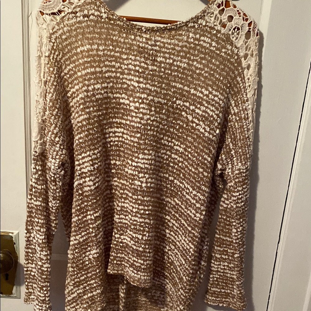 Brown and White Knit Sweater with Lace Shoulders